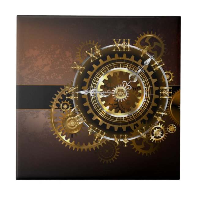 Steampunk clock with antique gears ceramic tile (Front)