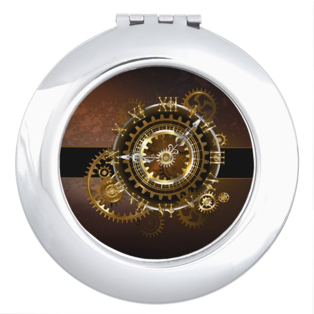 Steampunk clock with antique gears compact mirror (Front)