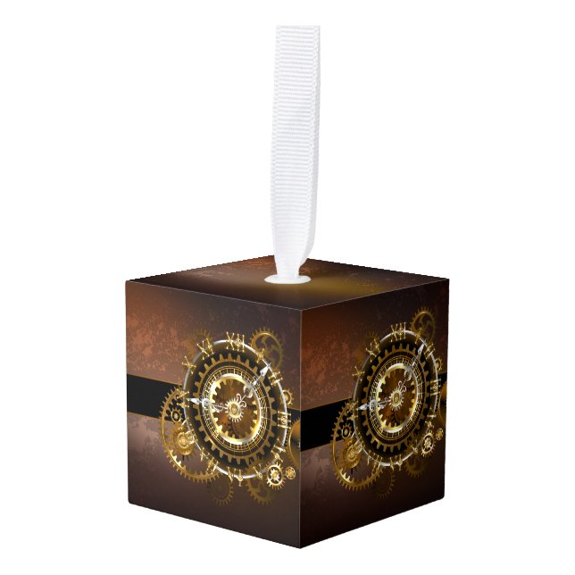 Steampunk clock with antique gears cube ornament (Front Angled)