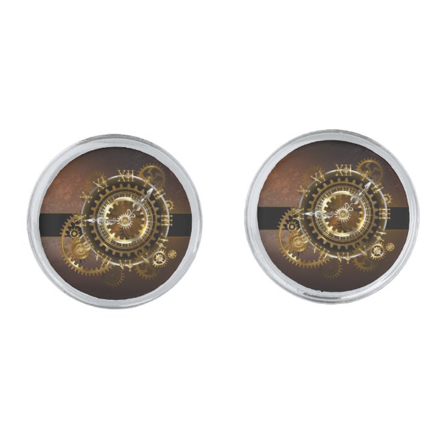 Steampunk clock with antique gears cufflinks (Front)
