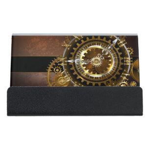 Steampunk clock with antique gears desk business card holder