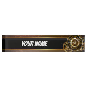 Steampunk clock with antique gears desk name plate