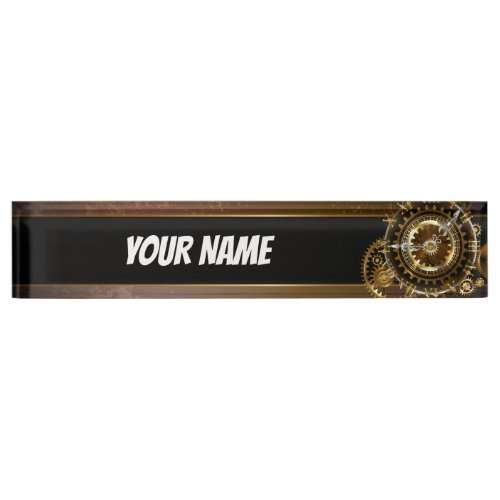 Steampunk clock with antique gears desk name plate