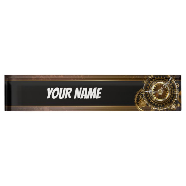 Steampunk clock with antique gears desk name plate (Front)