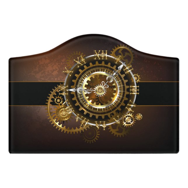 Steampunk clock with antique gears door sign (Small Crest Front)