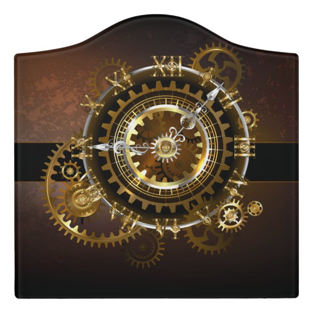 Steampunk clock with antique gears door sign (Large Crest Front)