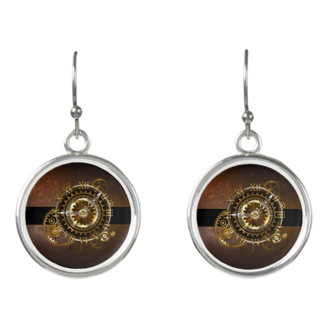 Steampunk clock with antique gears earrings (Front)