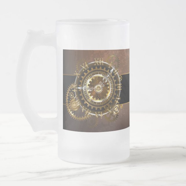 Steampunk clock with antique gears frosted glass beer mug (Left)