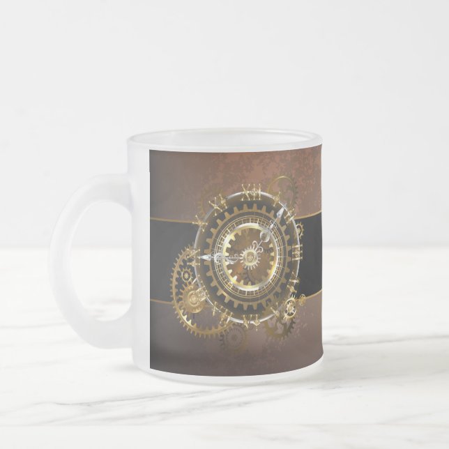 Steampunk clock with antique gears frosted glass coffee mug (Left)