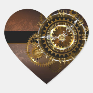 Steampunk clock with antique gears heart sticker