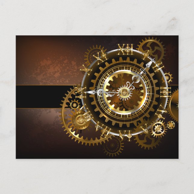 Steampunk clock with antique gears invitation postcard (Front)