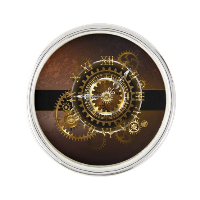 Steampunk clock with antique gears lapel pin (Front)
