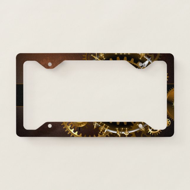 Steampunk clock with antique gears license plate frame (Front)