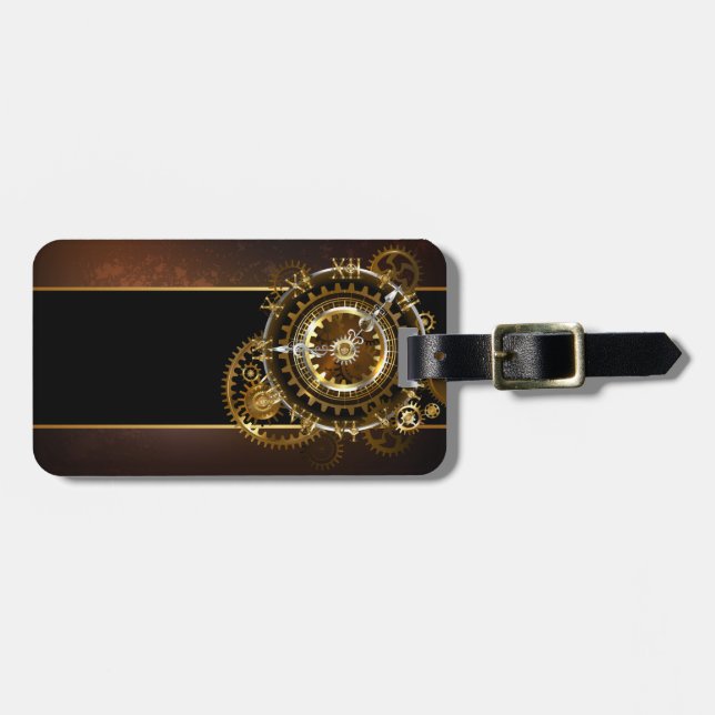 Steampunk clock with antique gears luggage tag (Front Horizontal)