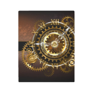 Steampunk clock with antique gears metal print