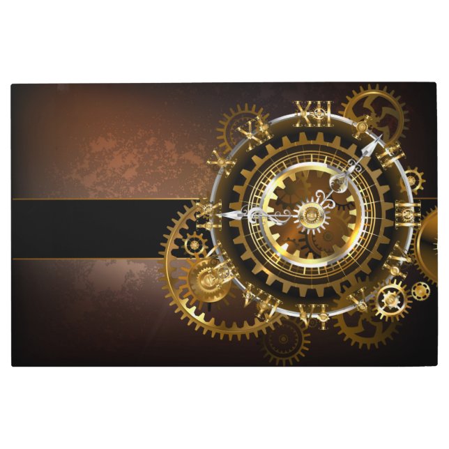 Steampunk clock with antique gears metal print (Front)