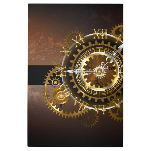 Steampunk clock with antique gears metal print