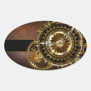 Steampunk clock with antique gears oval sticker