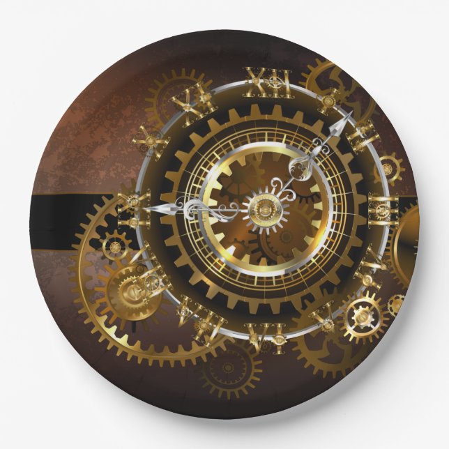 Steampunk clock with antique gears paper plates (Front)