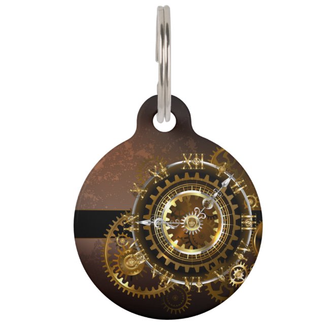 Steampunk clock with antique gears pet ID tag (Front)