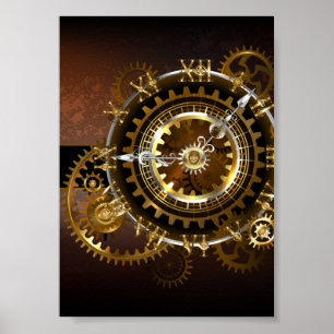 Steampunk clock with antique gears poster