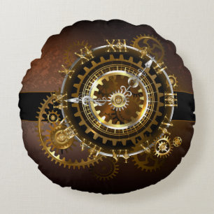 Steampunk clock with antique gears round pillow