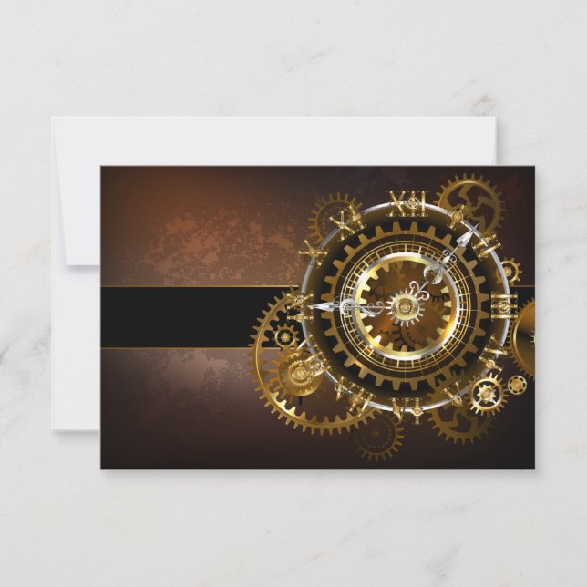 Steampunk clock with antique gears RSVP card (Front)