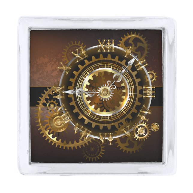 Steampunk clock with antique gears silver finish lapel pin (Front)