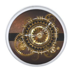 Steampunk clock with antique gears silver finish lapel pin