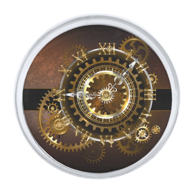 Steampunk clock with antique gears silver finish lapel pin (Front)