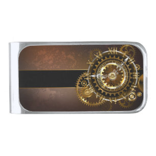 Steampunk clock with antique gears silver finish money clip