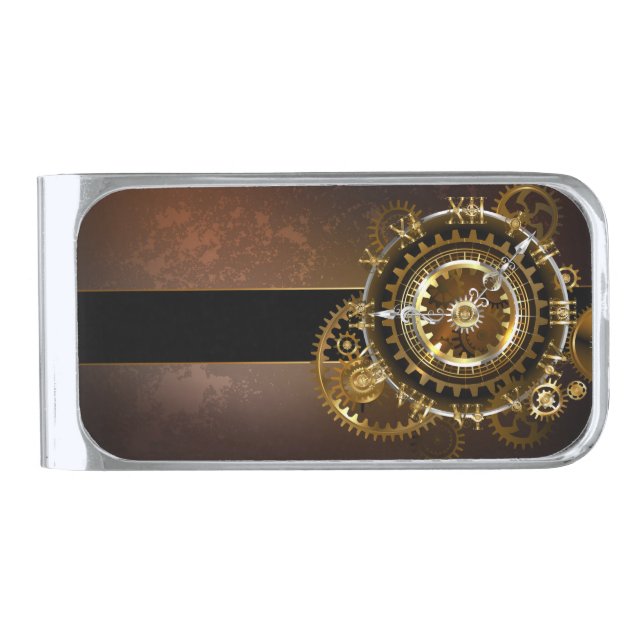 Steampunk clock with antique gears silver finish money clip (Front)