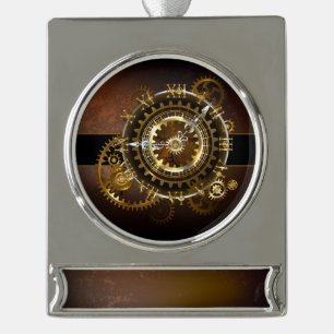 Steampunk clock with antique gears silver plated banner ornament