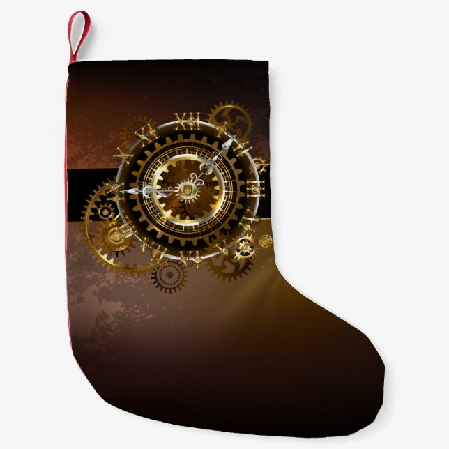Steampunk clock with antique gears small christmas stocking (Front)