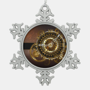 Steampunk clock with antique gears snowflake pewter christmas ornament