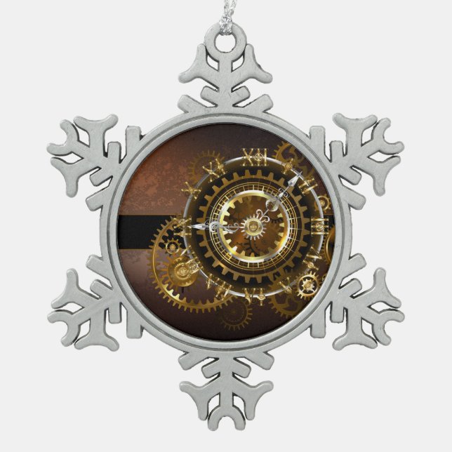 Steampunk clock with antique gears snowflake pewter christmas ornament (Front)