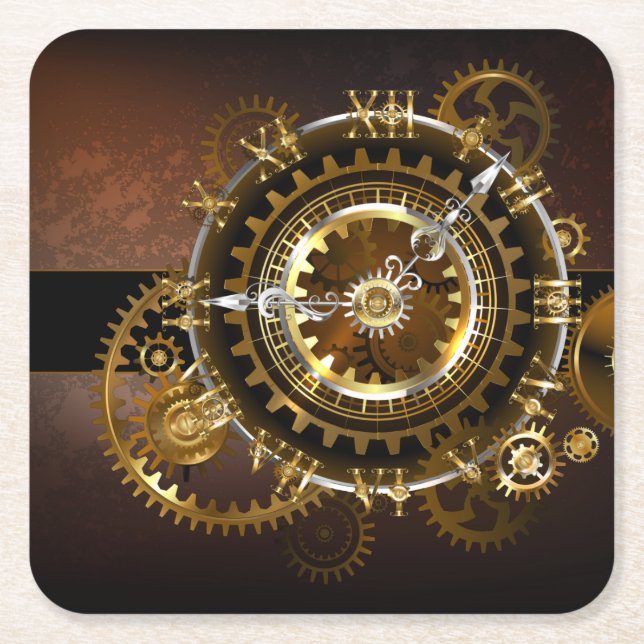 Steampunk clock with antique gears square paper coaster (Front)