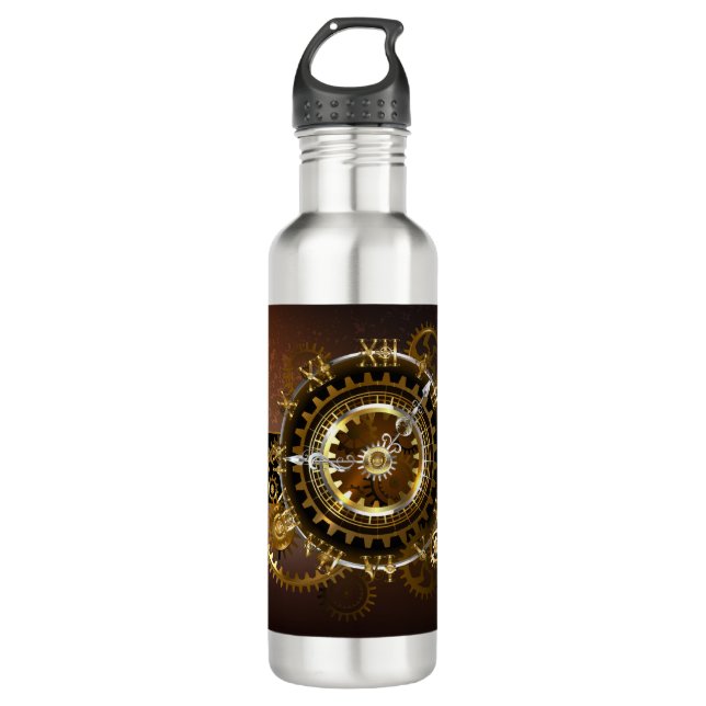 Steampunk clock with antique gears stainless steel water bottle (Front)