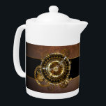 Steampunk clock with antique gears teapot<br><div class="desc">Antique, fantastic watches with gold and brass gears on a brown, rusty background. Steampunk style.</div>