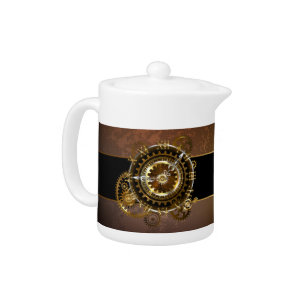 Steampunk clock with antique gears teapot