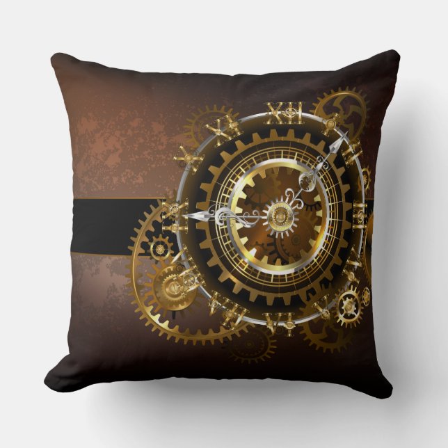 Steampunk clock with antique gears throw pillow (Front)