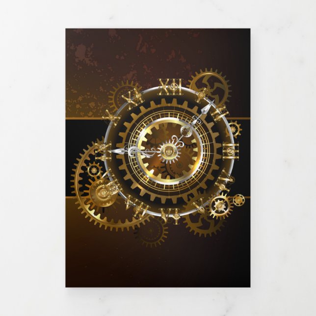 Steampunk clock with antique gears Tri-Fold holiday card (Cover)