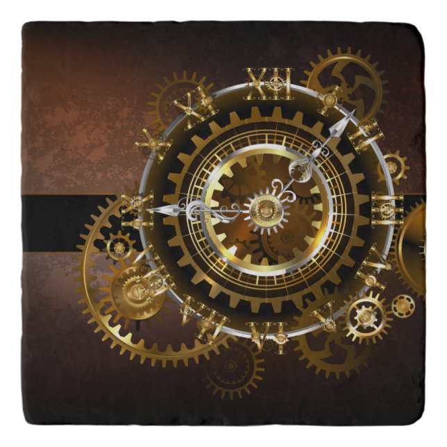 Steampunk clock with antique gears trivet (Front)