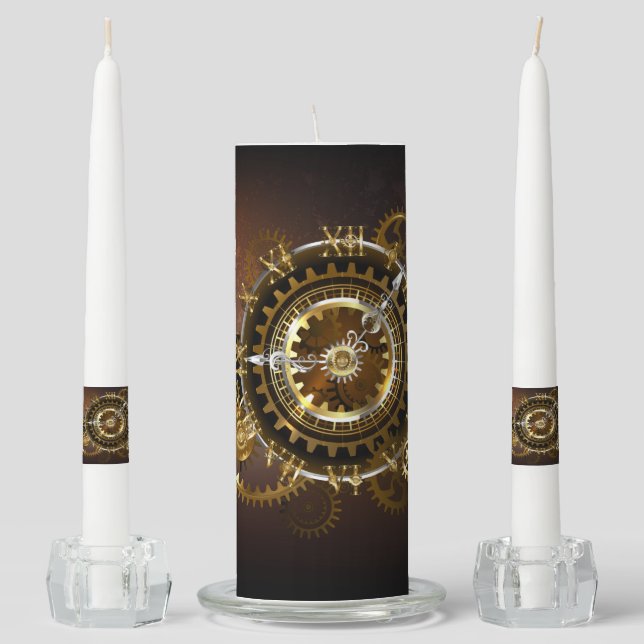 Steampunk clock with antique gears unity candle set (Front)