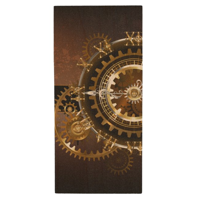 Steampunk clock with antique gears wood flash drive (Front Vertical)
