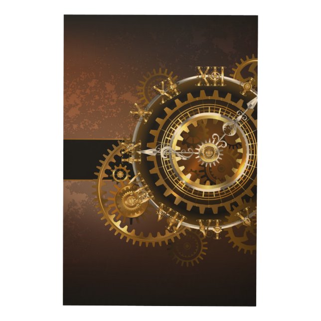 Steampunk clock with antique gears wood wall art (Front)