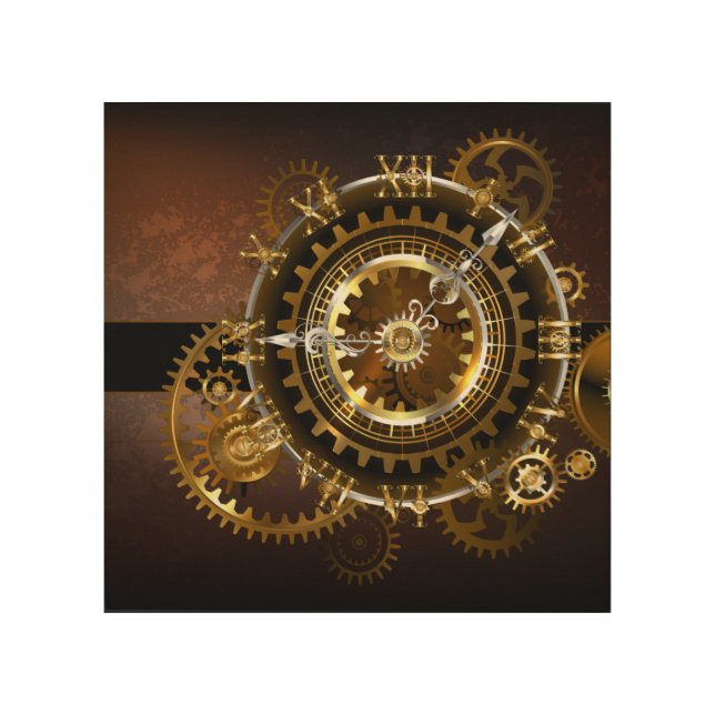 Steampunk clock with antique gears wood wall art (Front)