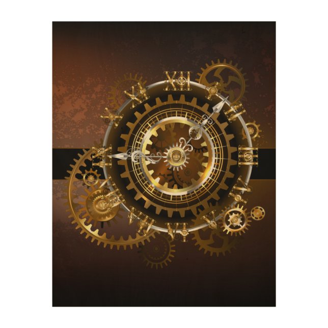 Steampunk clock with antique gears wood wall art (Front)