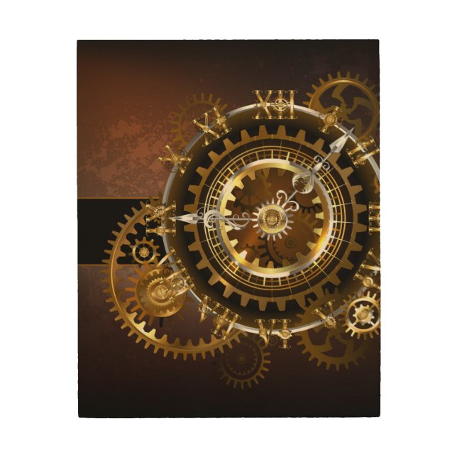 Steampunk clock with antique gears wood wall art (Front)