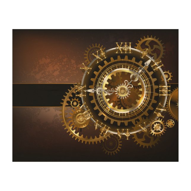 Steampunk clock with antique gears wood wall art (Front)